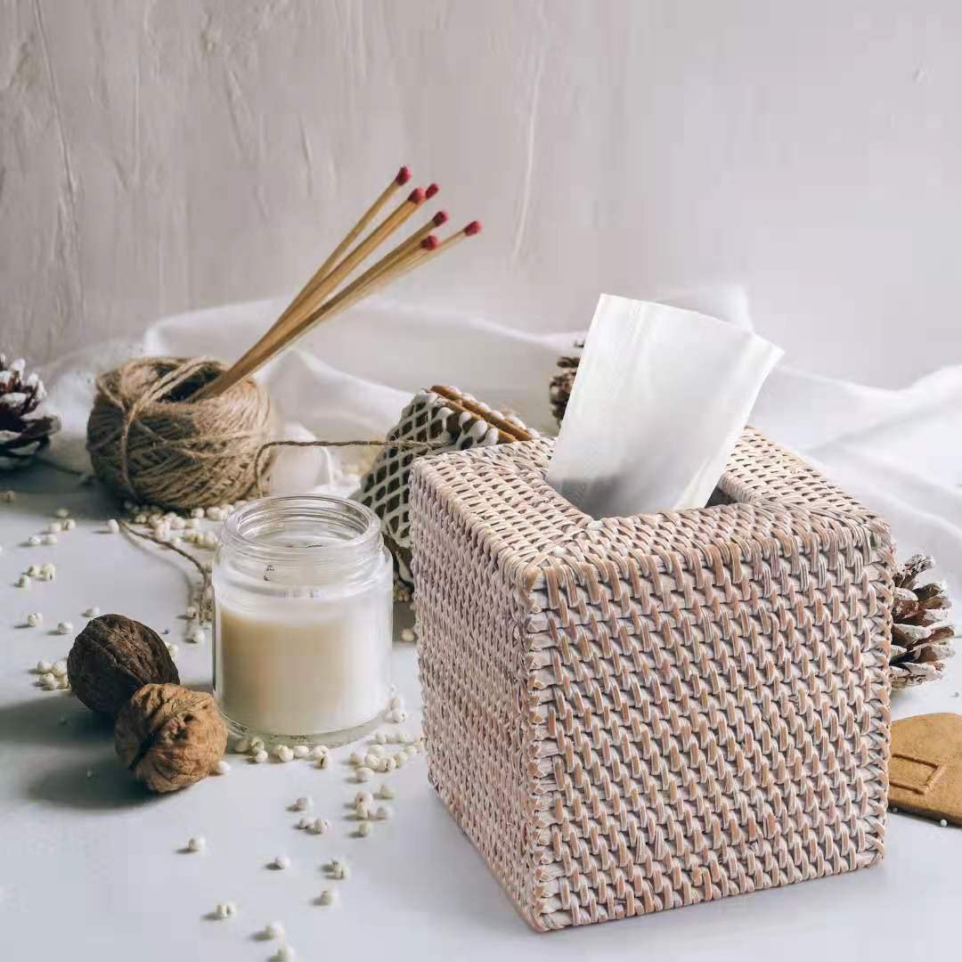 Rattan Tissue Box Cover Square  Hand Woven Wicker Tissue Holder  5.5 x 5.5 X 5.7 inch  Whitewash