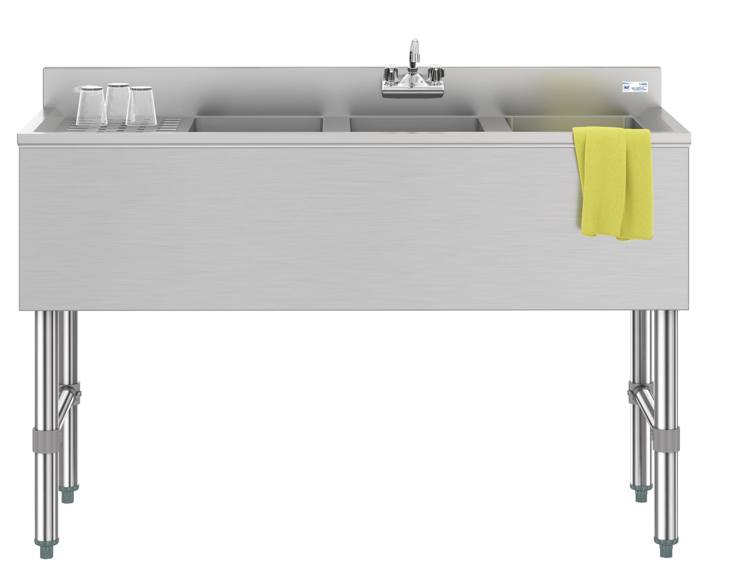 KoolMore 48 in. Three-Compartment Commercial Under-Bar Sink with 3 in. Backsplash, Left Drainboard and Low Lead Faucet, NSF Cert