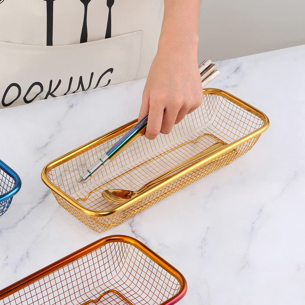 Kitchen Drawer Organizer, Buygo Stainless Steel Storage Container Gold Metal Cabinet Storage Basket For Holding Silverware Kitch