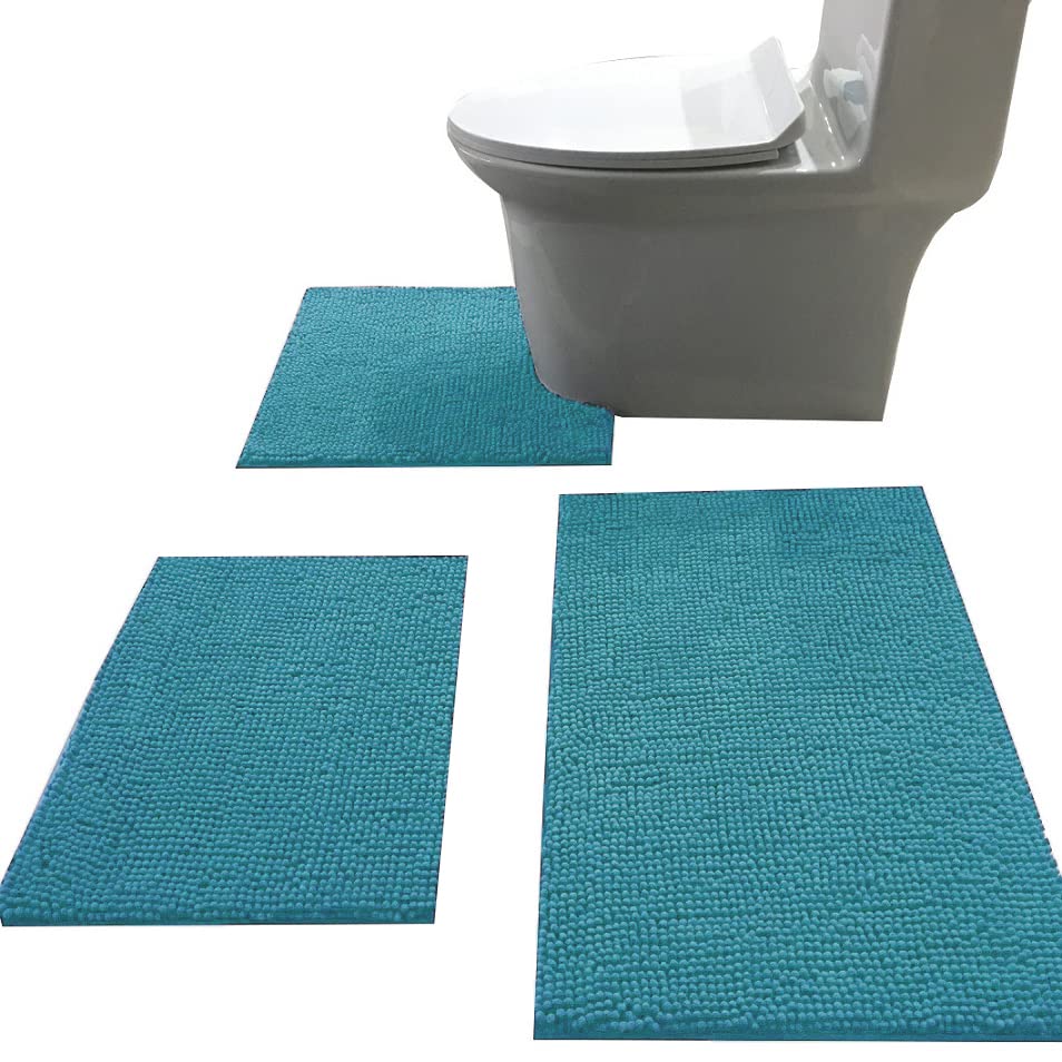 Madeals Bath Rug Set 3 Piece Bathroom Contour Rugs Combo, Soft Shaggy 2 Piece Bath Shower Mat And U-Shaped Toilet Floor Rug Teal