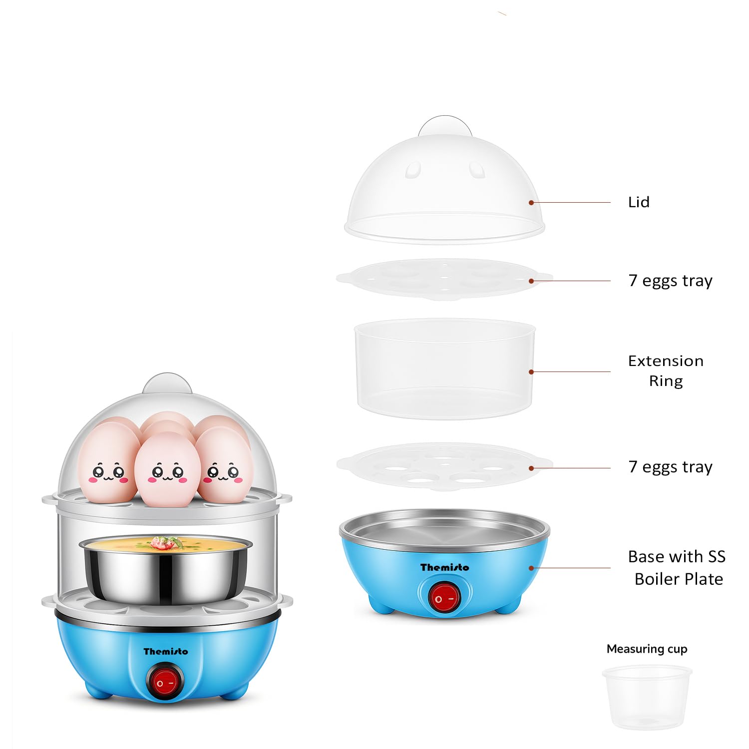 THEMISTO 350 Watts Egg Boiler/Poacher/Cooker for Steaming, Cooking & Boiling (TH-611(14 eggs)) - Blue, Plastic, 14 Ounces (414 m