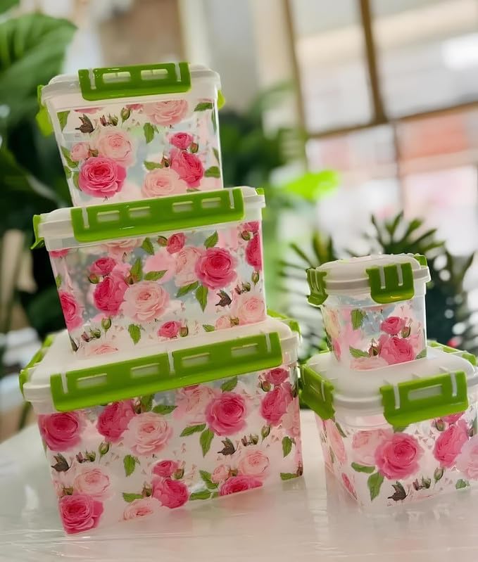 Vroxy 5Piece Airtight Food Storage Containers  Stackable, Clear Plastic With Floral Print Lids, Reusable For Meal Prep, Pantry