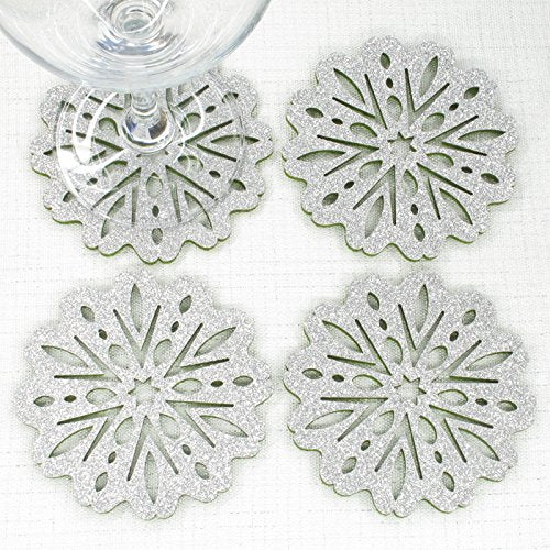 Floral Snowflakes Felt Coasters, Set Of 4 (Silver/Green Reversible)