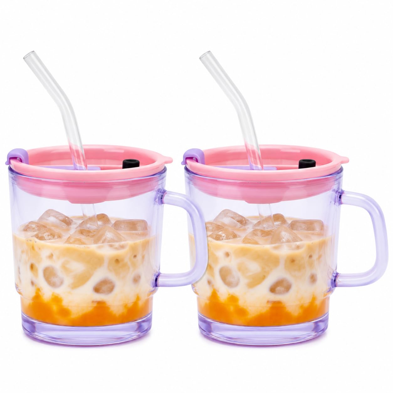 Luxfuel Glass Coffee Mugs with Handle, 13 oz Glass Cups with Straw & Lids