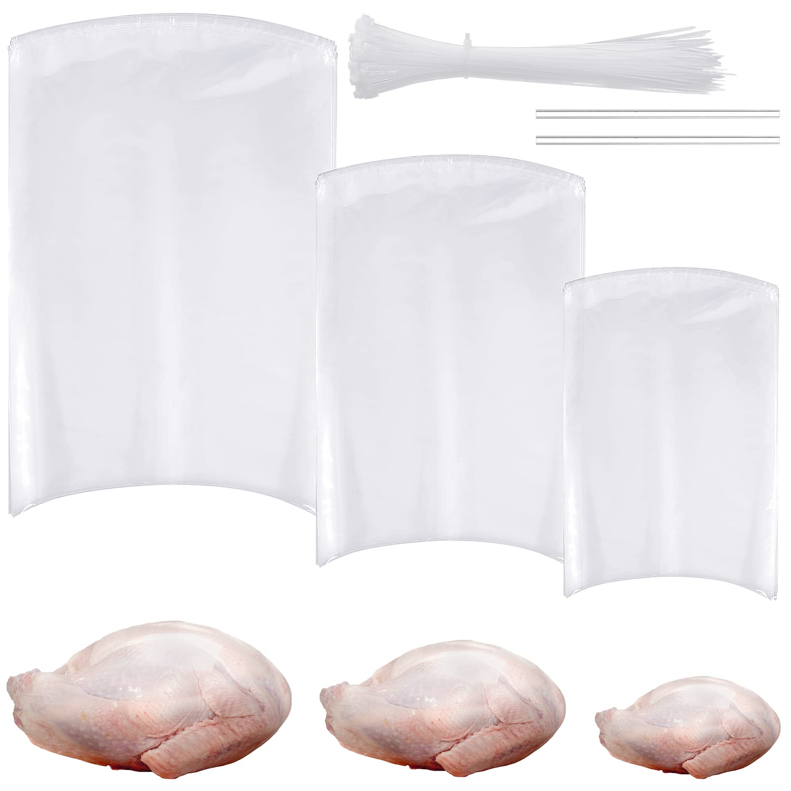 60 Pack 3 Size Poultry Shrink Bags Chicken 3 Size Clear Poultry Heat Shrink Wrap with 100 Pcs White Ties and 2 Pcs Clear Silicon
