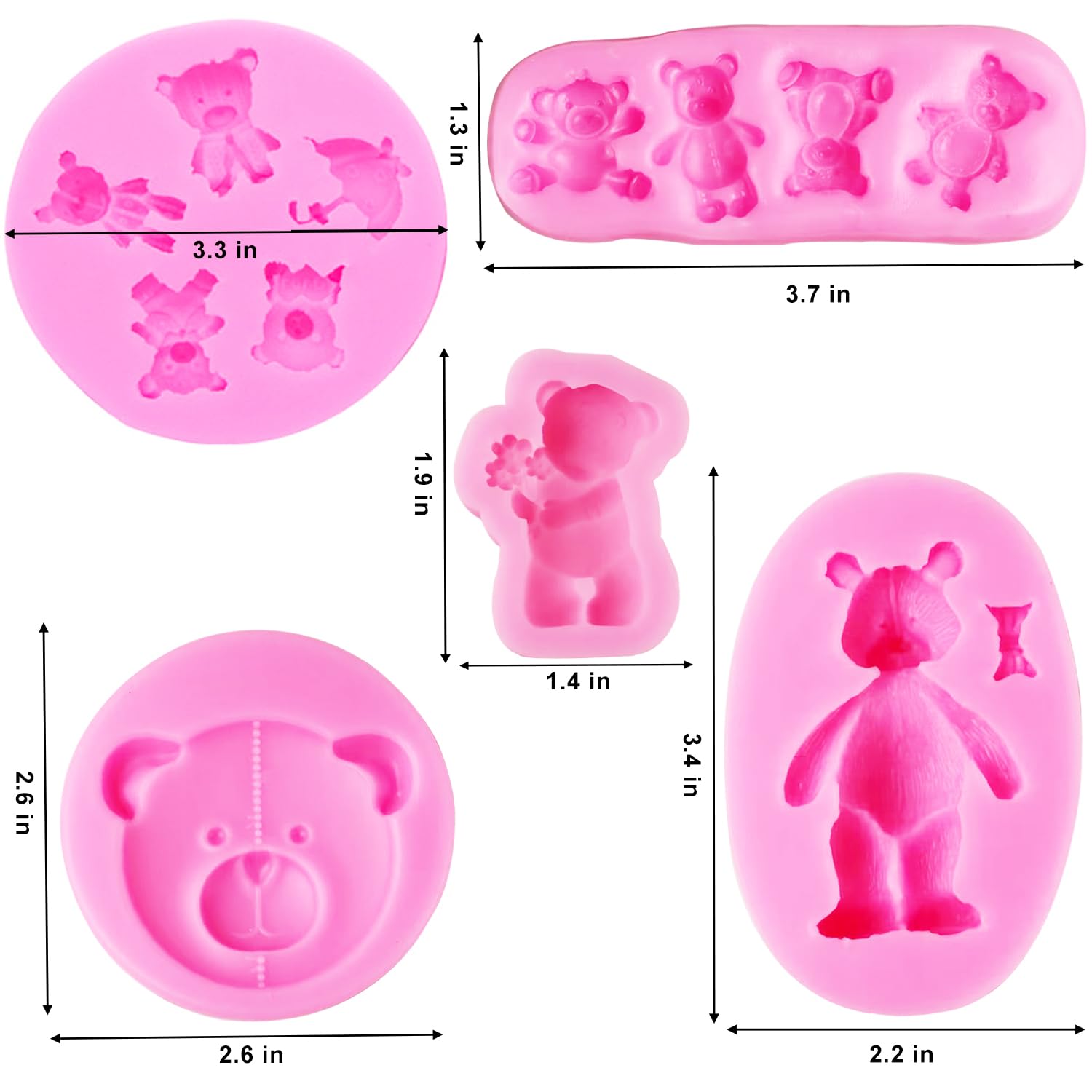 Bear Silicone Fondant Molds, Aimeiki 5 Pack 3D Bear Silicone Molds Bear Mold For Chocolate Decorating Cake Candy Gum Paste Polym