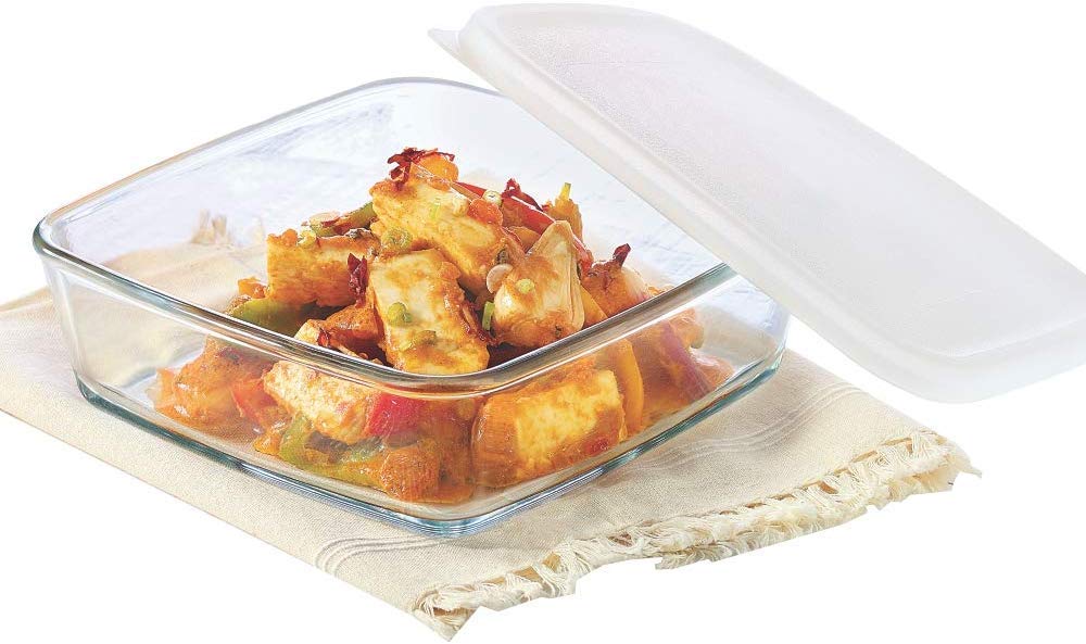 Borosil Square Glass Baking Dish With Lid, 1.6 L, Microwave Safe & Oven Safe, transparent