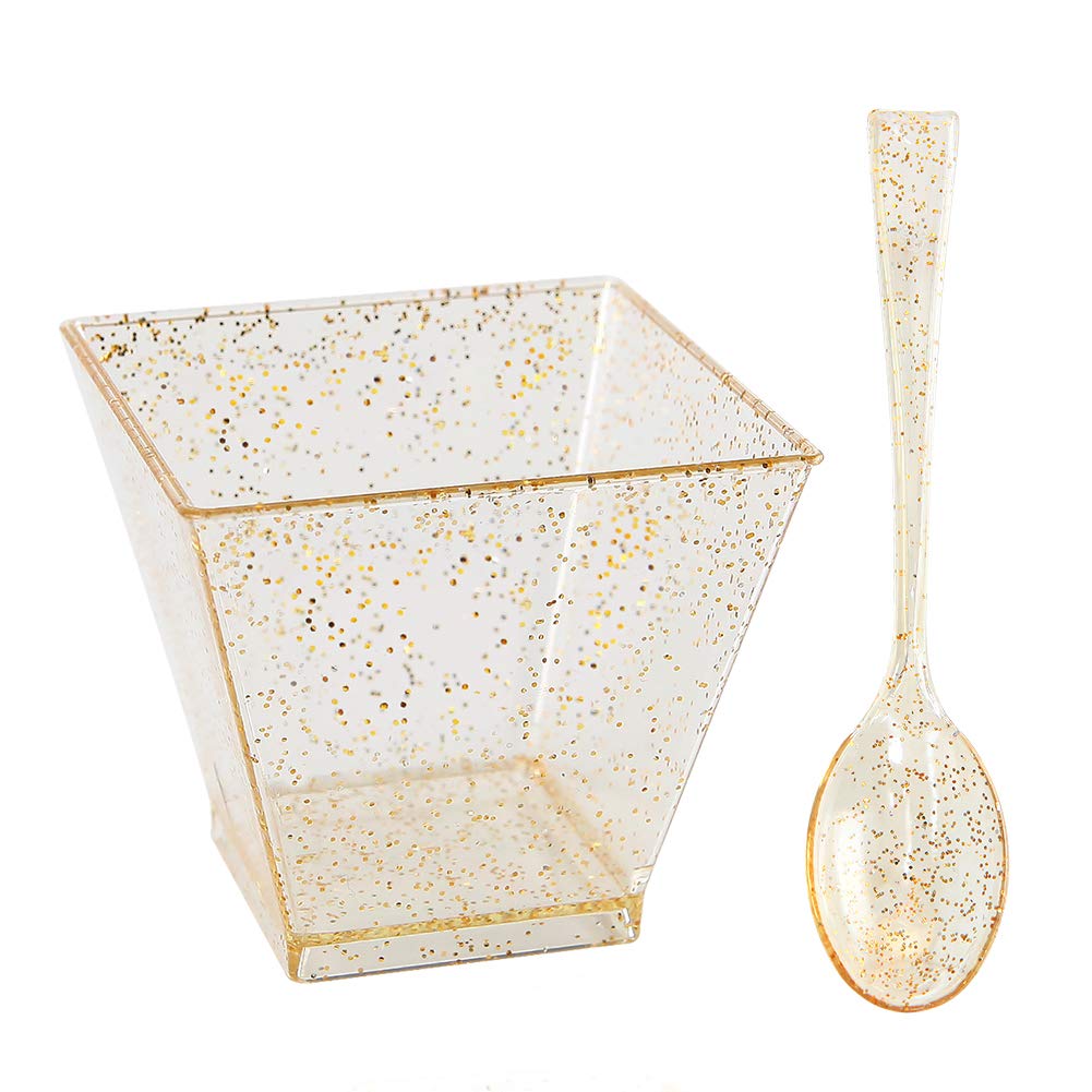 I00000 200 Pieces Small Plastic Dessert Cups With Mini Spoons Gold Glitter, Premium Quality, Includes Disposable Square Cups 2 O