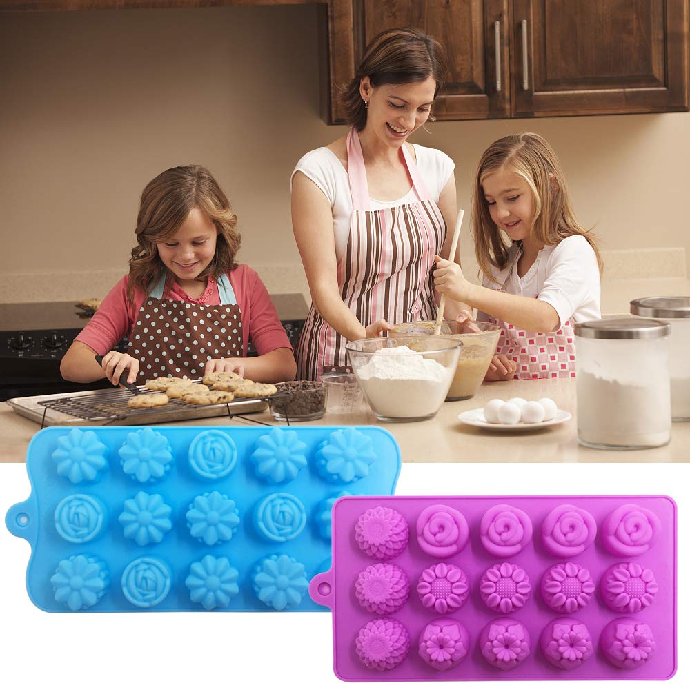 4 Pack Flower Shape Chocolate Candy Molds Set,Danzix Silicone 15 Cavity Baking Mold Ice Cube Tray For Wedding,Festival,Parties A