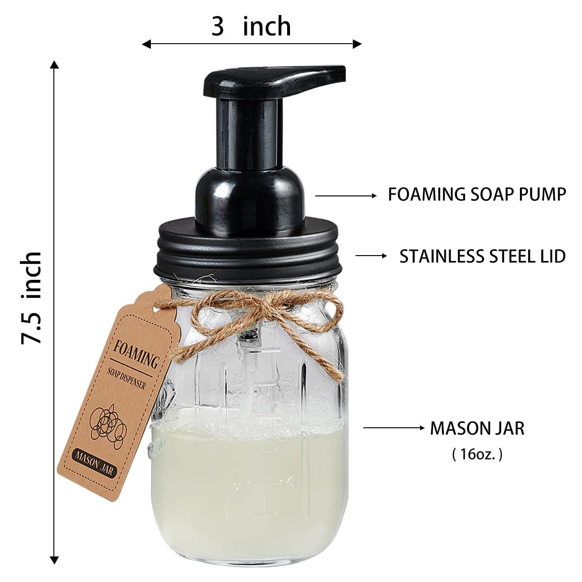 Amolliar Mason Jar Bathroom Accessories Set - 4 Pack, Foaming Soap Dispenser, Qtip Holder, Toothbrush Holder, Rustic Black Decor
