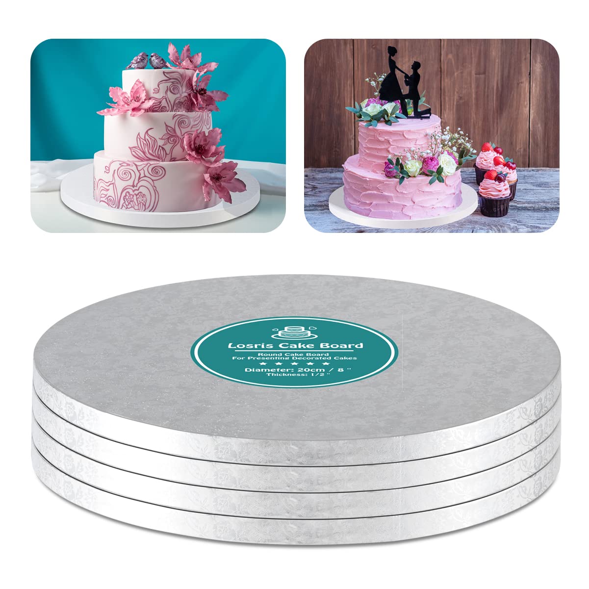 Silver Cake Drum Round 14 Inch Cake Boards With 1/2-Inch Thick Smooth Edges For Multi Tiered Birthday Wedding Party Cake Drums B