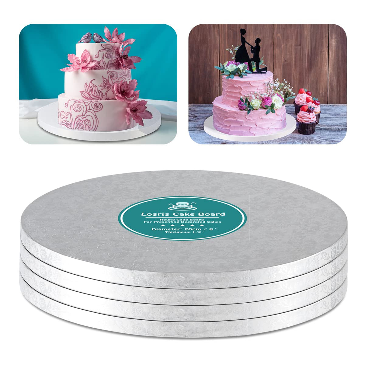 Silver Cake Drum Round 14 Inch Cake Boards With 1/2-Inch Thick Smooth Edges For Multi Tiered Birthday Wedding Party Cake Drums B