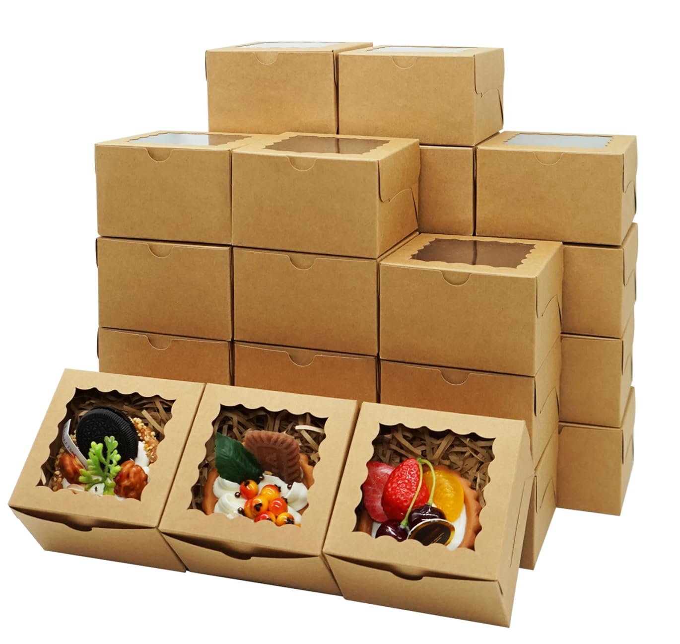 XINHPKGG 100pcs Cookie Boxes 4x4x2.5 Inch Bakery Boxes with Window Treat Box Dessert Box for Wedding Favors Party Baby Shower - 
