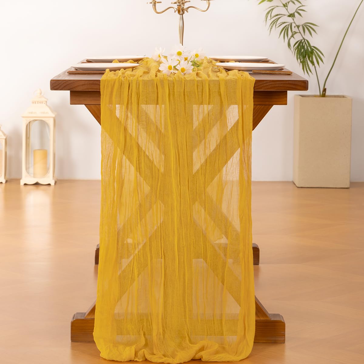 Socomi Gold Yellow Table Runner Spring Easter Cheesecloth Table Runner 170 Inch Cheese Cloth Runner 14Ft Boho Rustic Gauze Table