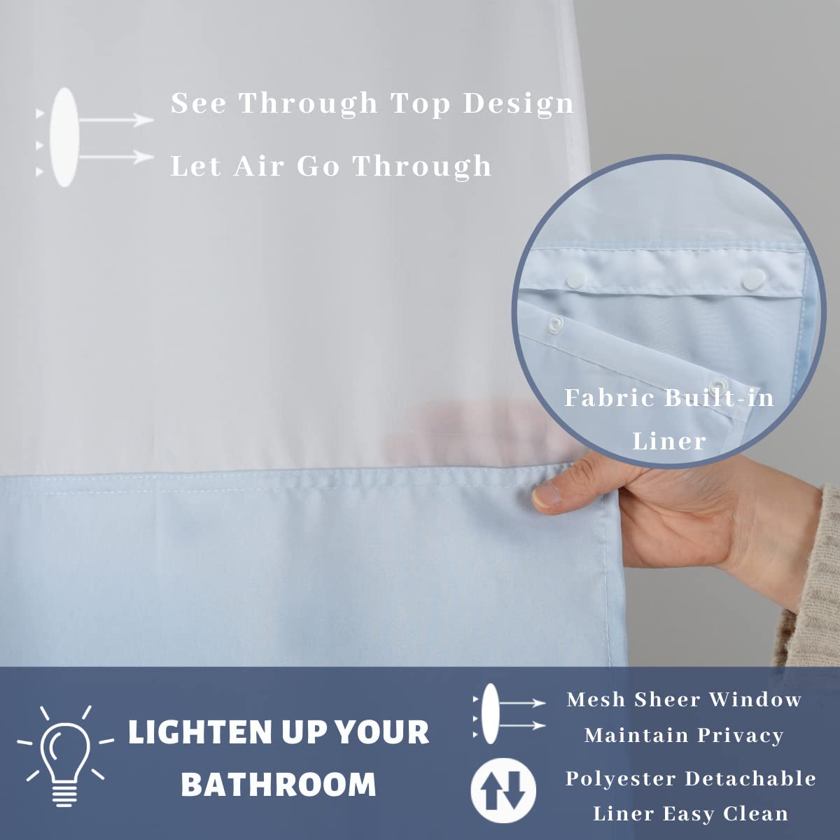 Ecoehoe 71'' W X79 L Hook Free Fabric Shower Curtain With Polyester Snap-In Liner With Magnets-Hotel Quality Top See Through Gra