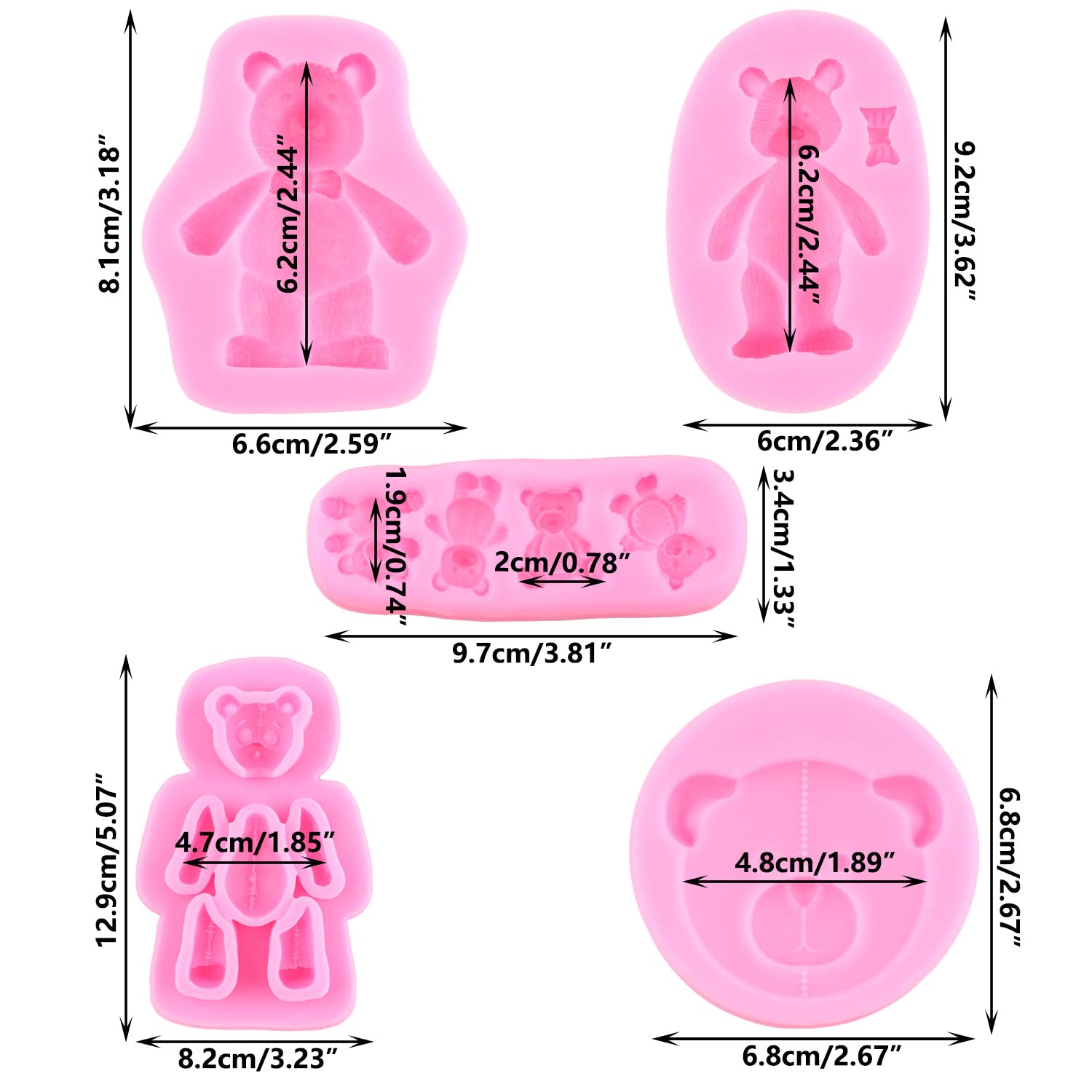 Rfghac Bear Silicone Fondant Molds For Cake Decorating Candy Chocolate Gum Paste Crafting Polymer Clay Set Of 5