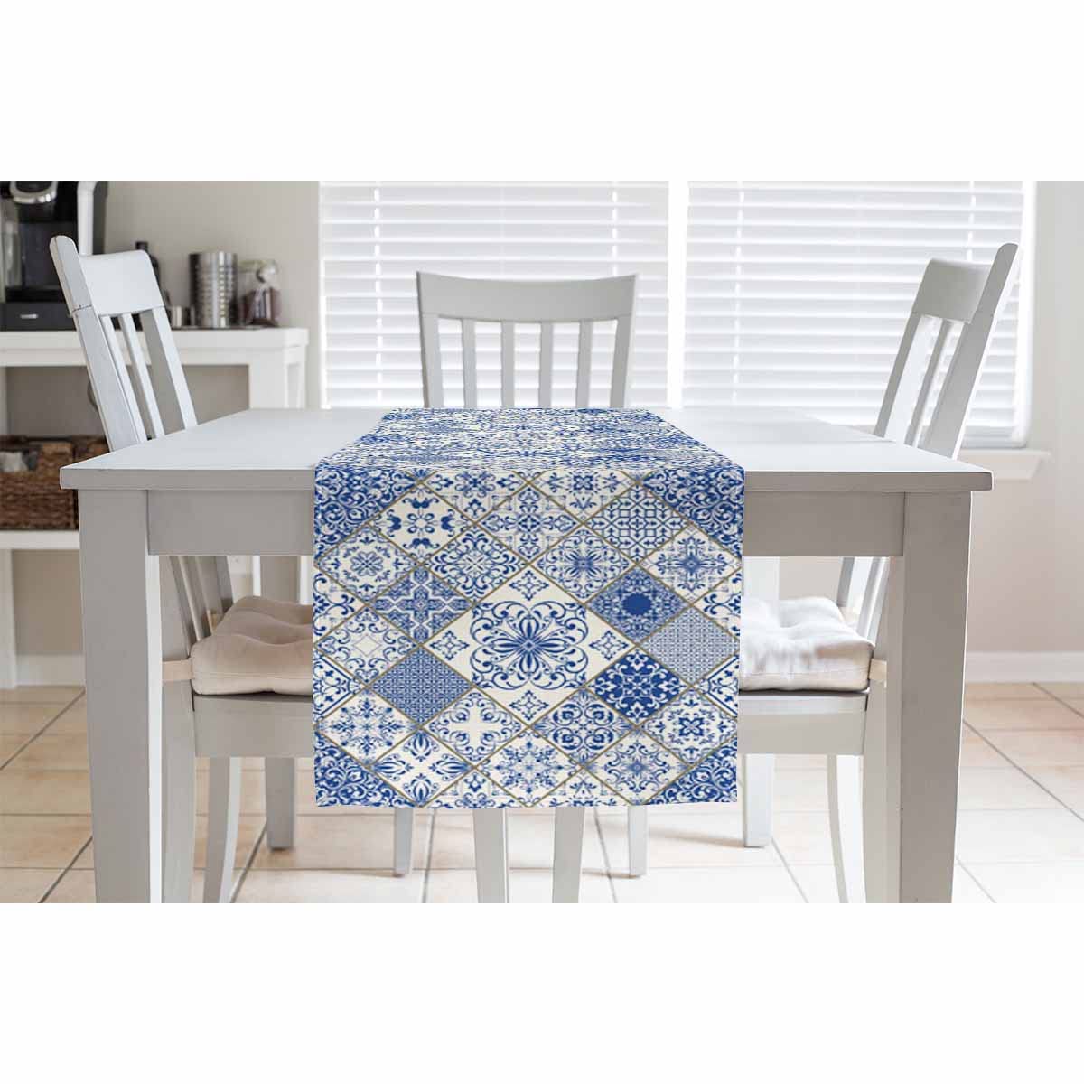 Hosnye Table Runner Blue White Patchwork Tile In Spanish Style,Cotton Linen Table Runner Decoration For Kitchen Family Dinner Ta