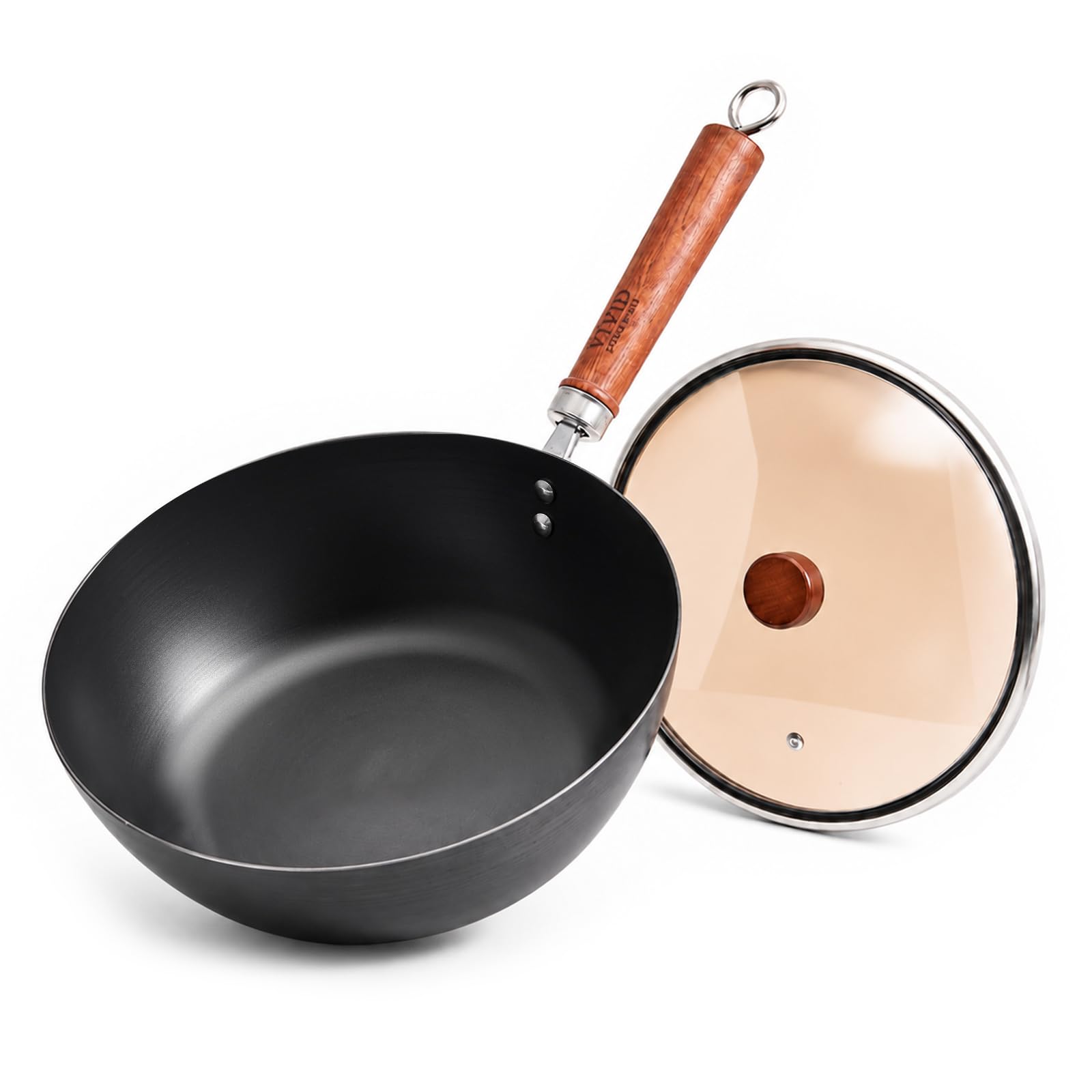 VIVIDCOOKWARE 10.2Inch Carbon Steel Wok Frying Pan with Lid, Flat Bottom
