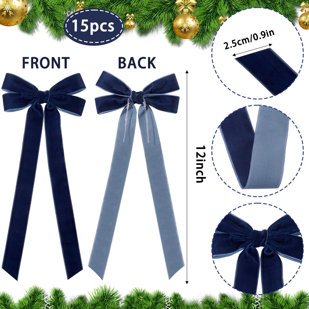 JOICEE 15Pcs Velvet Bows for Christmas Tree, Christmas Wreath Bows Rustic Crafts Gift Bows Velvet Vintage Ribbon Bows for Xmas H