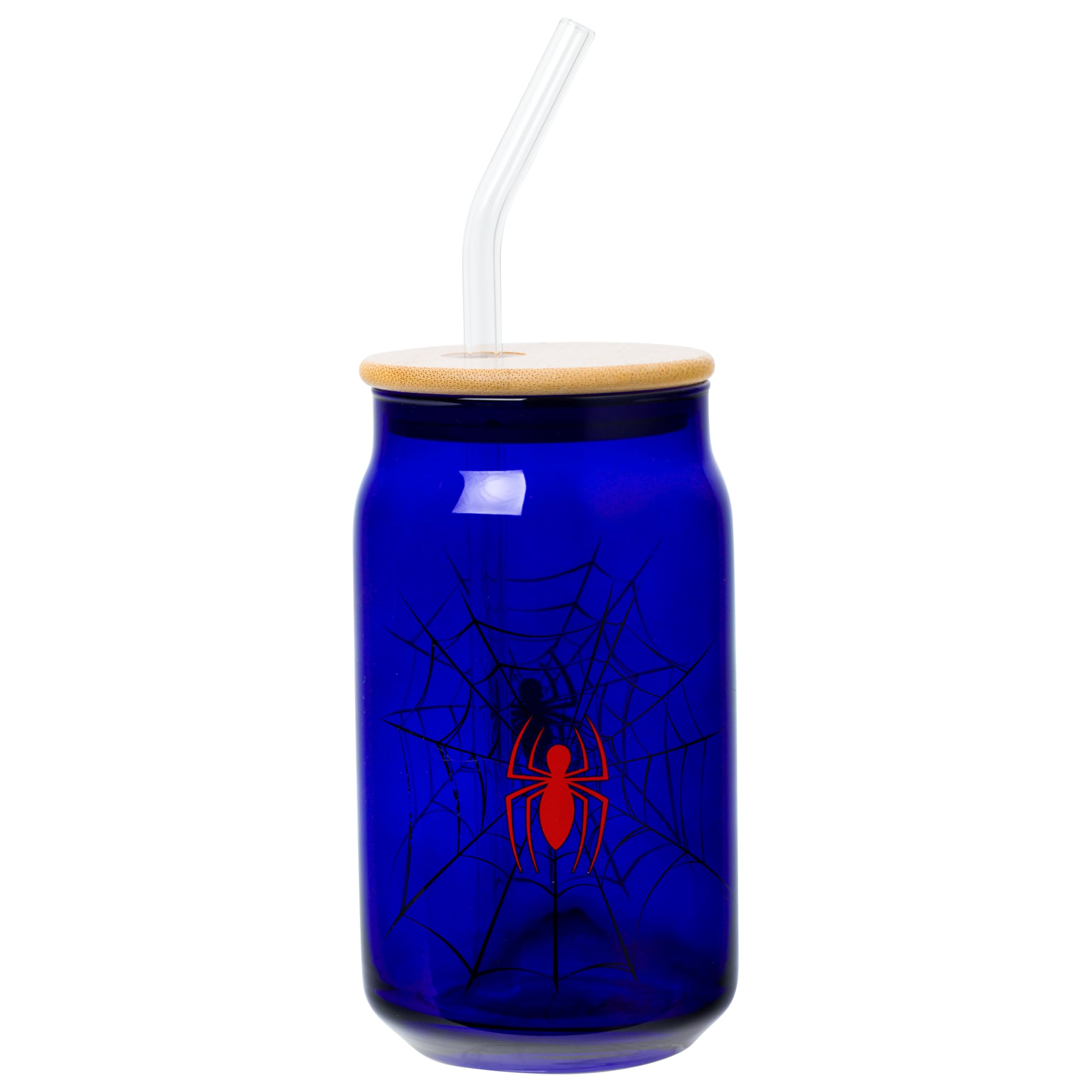 Silver Buffalo Marvel Spider-Man Spidey Spider Web Logo Glass Jar Tumbler with Bamboo Lid and Glass Straw, 16 Ounces