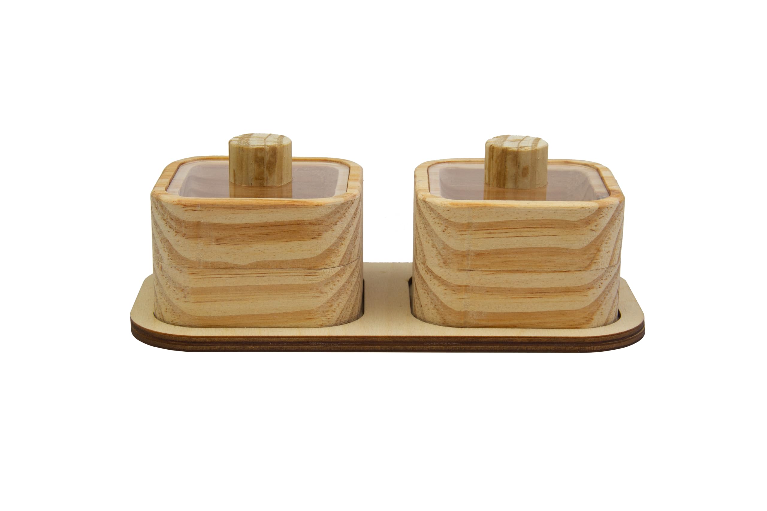 Xsource Wooden Spice Jar Set With Tray  2 Square Containers With Lids & Knobs Natural Finish Kitchen Organiser For Salt, Spices