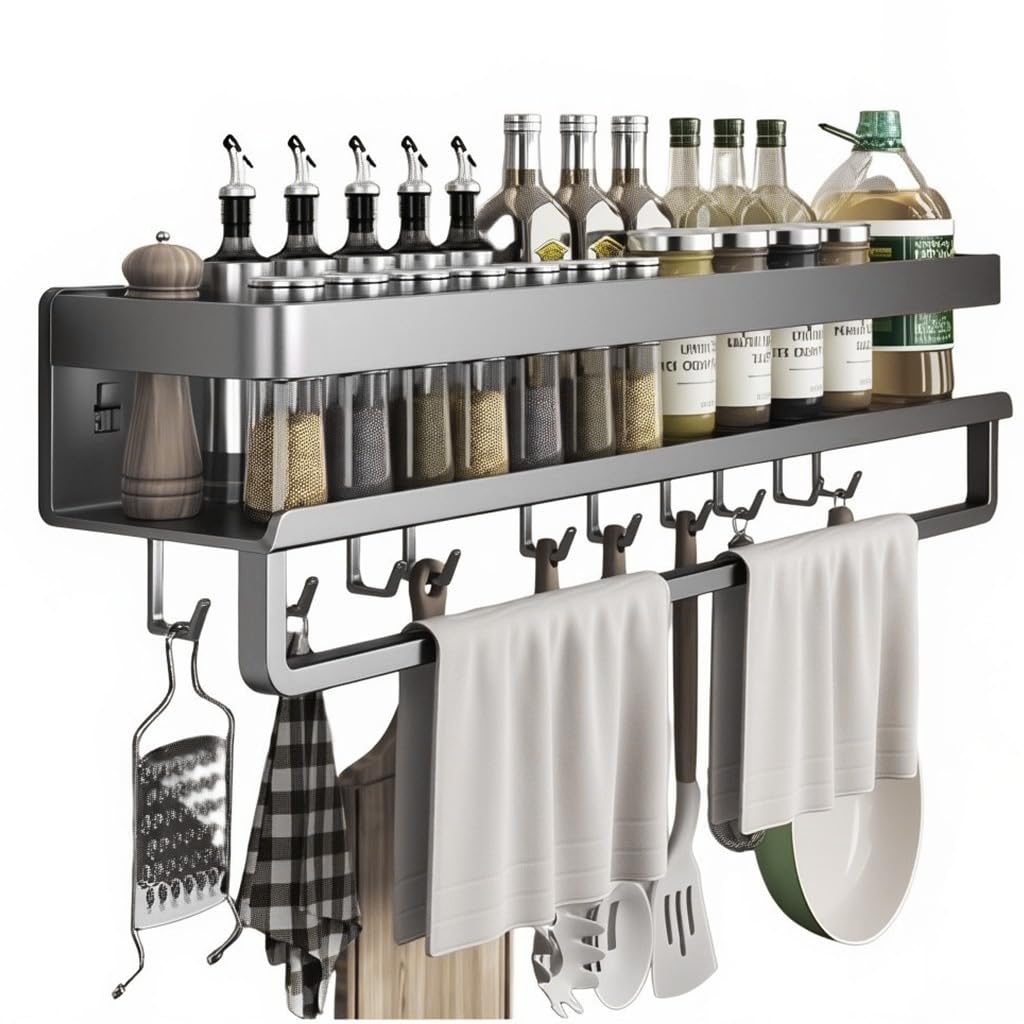 Supvox Wall Mount Spice Rack Organizer 23.6 Inch Wall Mounted Metal Kitchen Organizer Rack No Drill Adhesive With Utensils Dish 