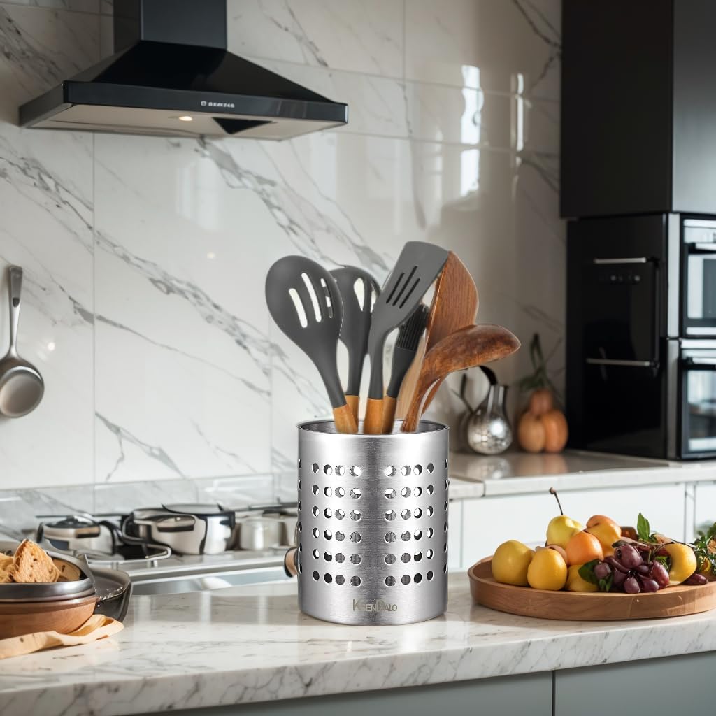 Ksendalo Round Sus304 Stainless Steel Utensil Holder Set Of 3 - Silver Caddy & Organizer For Drying Cooking Spoons, Spatulas, An