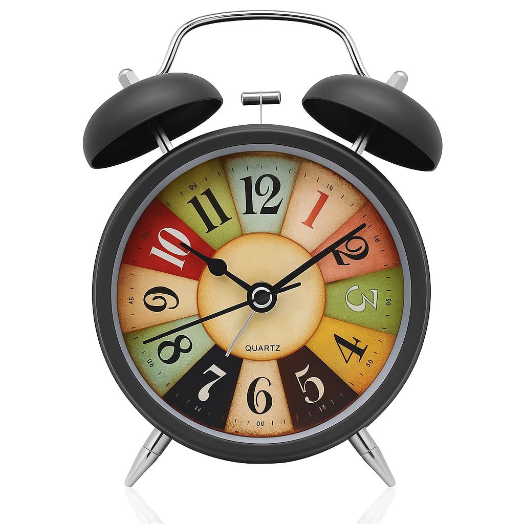 Aerys Retro Twin Bell Alarm Clock, Metal Frame, Night Backlight, Silent Movement, Luminous Table Clock For Students, Bedroom, Of