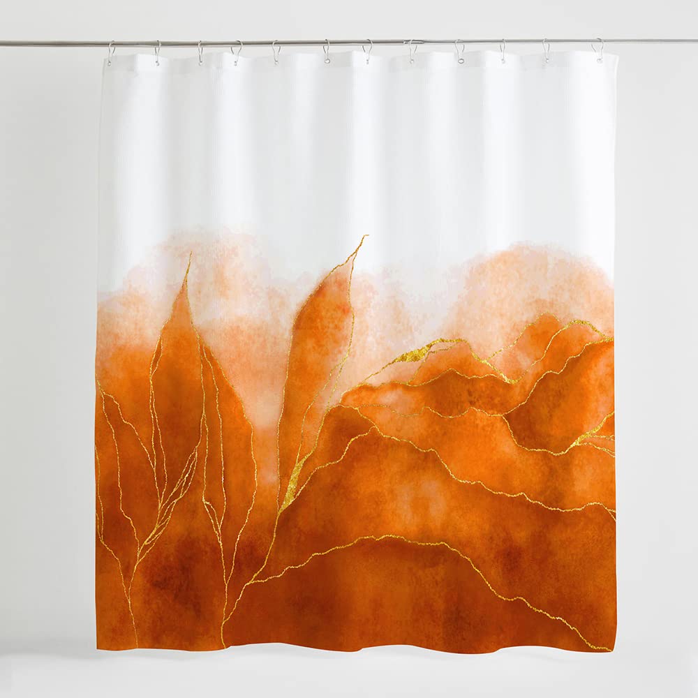 De-Mediocre Orange Marble Shower Curtain Stylish Boho Ombre Orange and Gold Marble Bathroom Curtains Abstract White Golden Fabric Waterproof Polyester 72 x 72 Inches