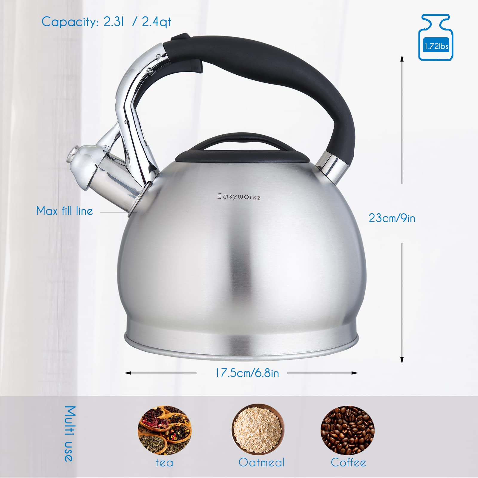 Easyworkz Whistling Stovetop Tea Kettle Food Grade Stainless Steel Hot Water Tea Pot With Loud Whistle  2.4 Quart(2.3l)