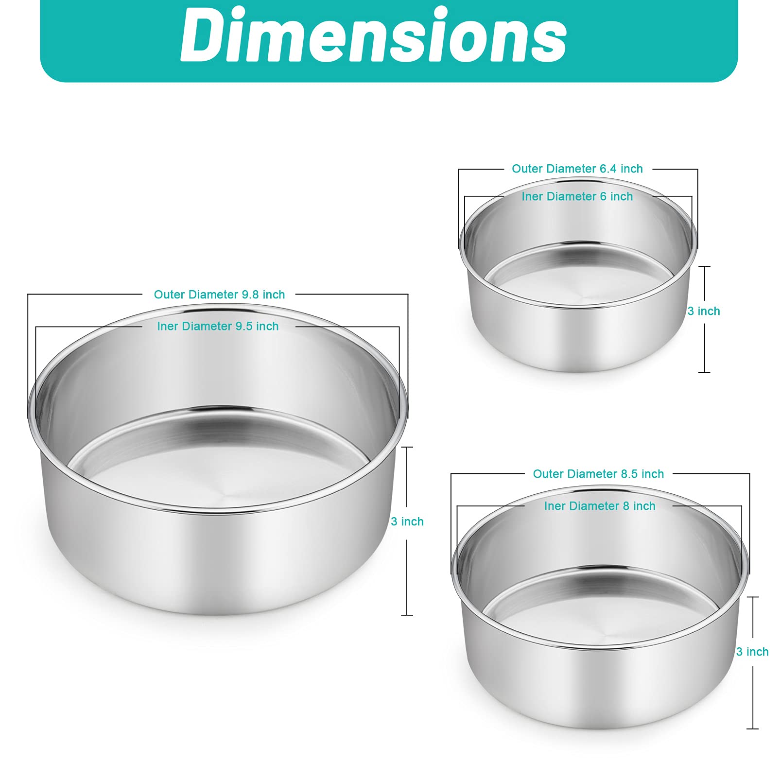 Teamfar 6/8 / 9 Inch Cake Pan, Stainless Steel Round Baking Pan For Cake Brownie Lasagna, Non-Toxic & Heavy Duty, 3    Deep Wall