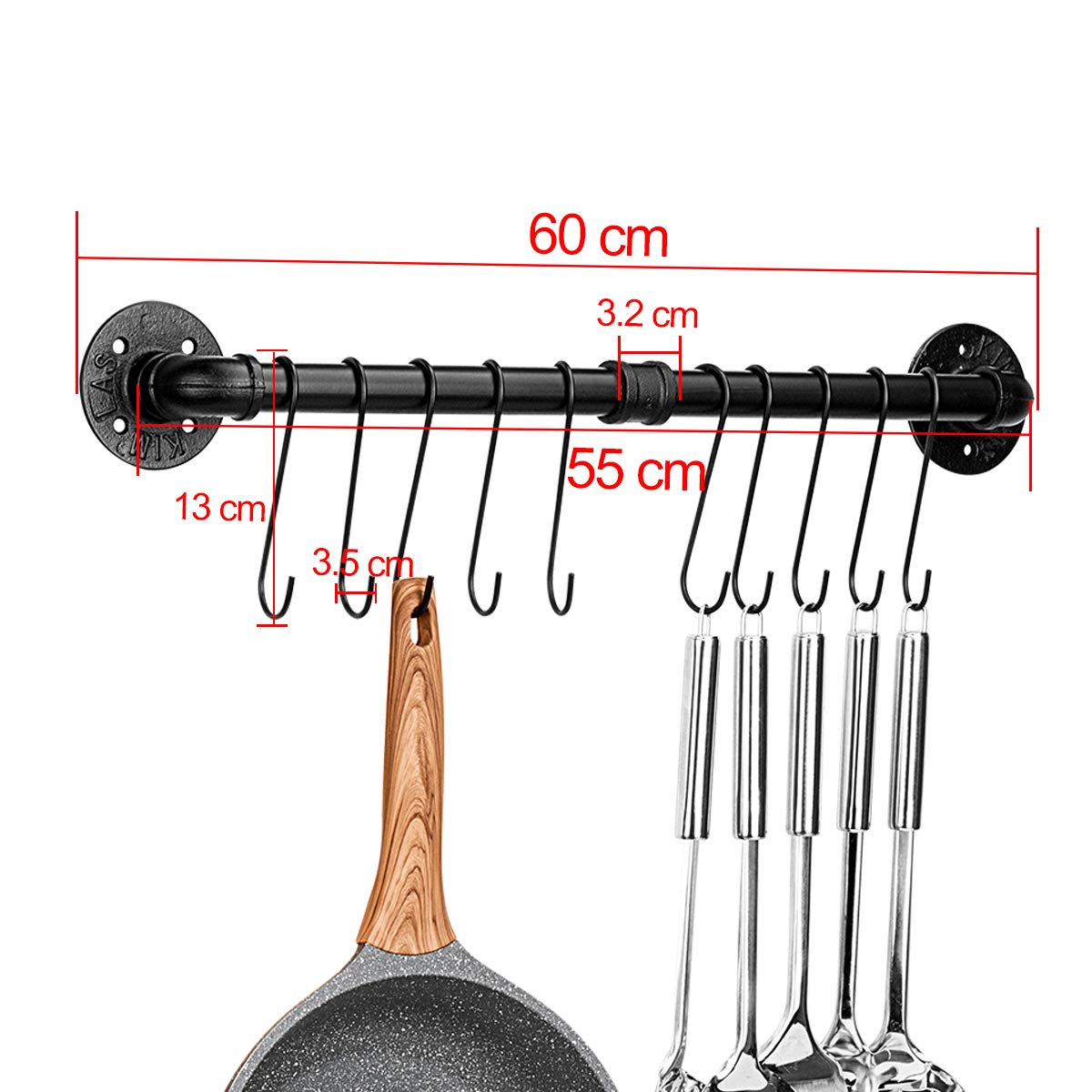 Toplife 23.7 Inch Pot Rack, Kitchen Wall Mounted Detachable Pan Lid Utensils Organizer Hanging Rail With 10 Hooks, Black