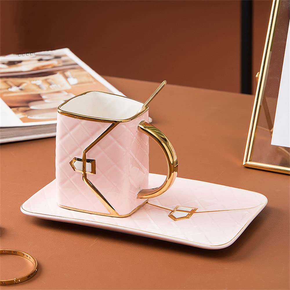 MVSR Coffee Mug Set Tea Handbag Styling Ceramic Coffee Cup Cappuccino Cute Cups with Spoon, 310ml (Pink)