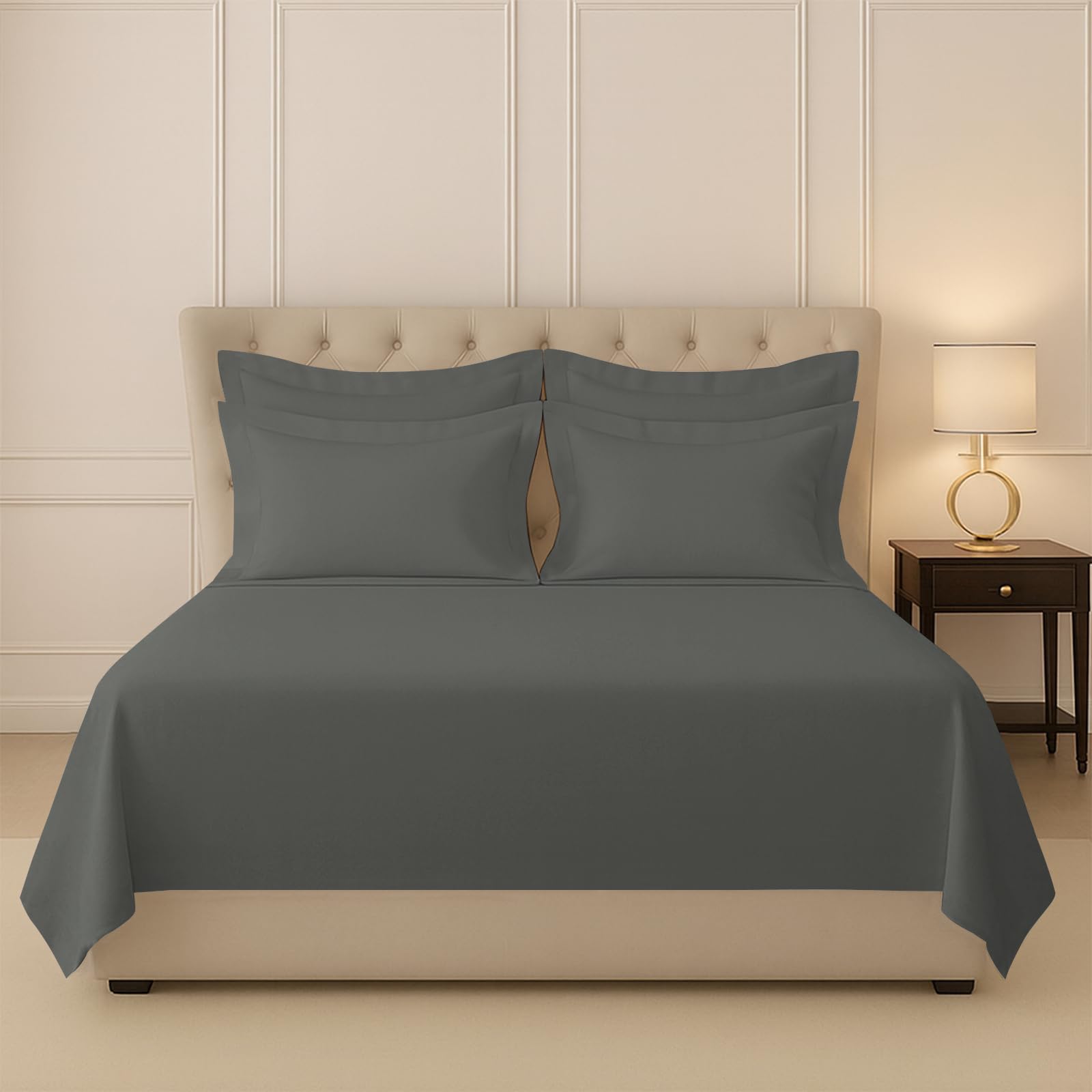 Pizuna 100% Cotton Bedsheet Super King Size Dark Grey, 400 Thread Count Long Staple Combed Cotton Flat Bedsheets 108X108 Inches 