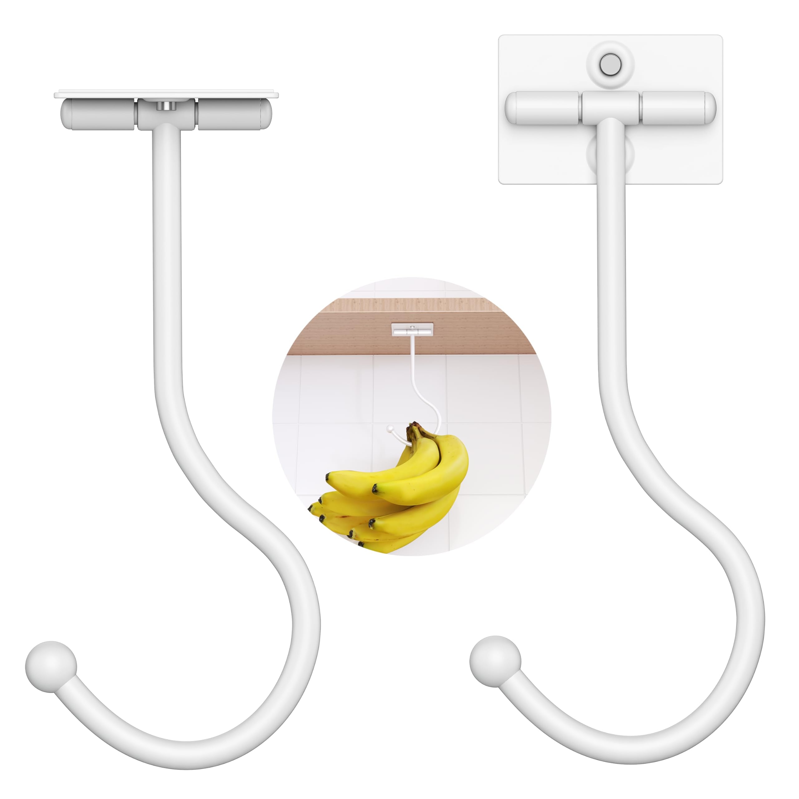 2-Pack Banana Hook Under Cabinet,Banana Holder,Metal Banana Hanger Hook,Adhesive Banana Hook, Foldable Banana Hook, Folds Up Wit