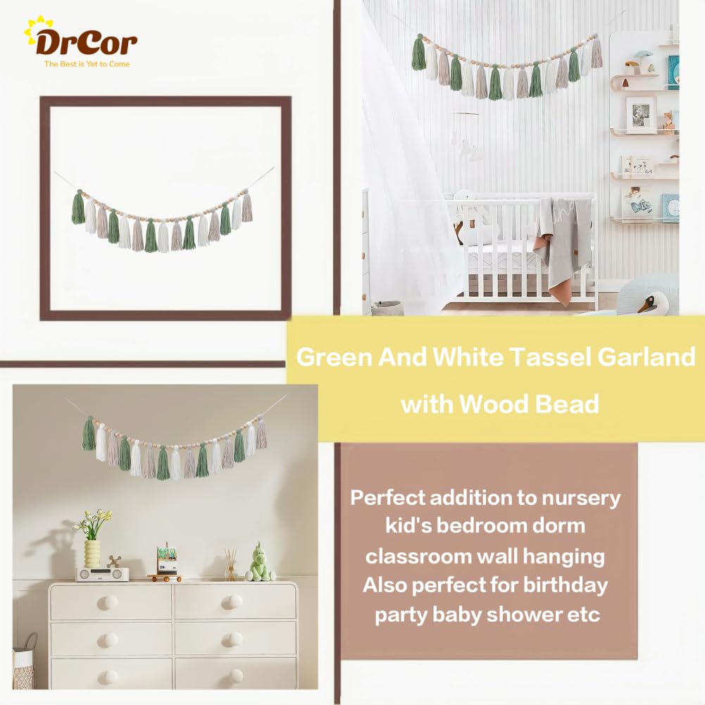 DrCor Sage Green & White Boho Tassel Garland - Handmade Yarn Banner for Nursery, Girls Bedroom, Baby Shower, Wedding Backdrop, C