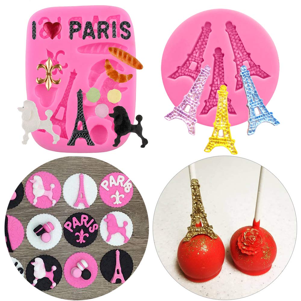 2Pcs/Set Mini Size I Love Paris Fondant Molds, Eiffel Tower Poodle Silicone Fondant Mold For Cake Cupcake Sweet Treats Decoratin