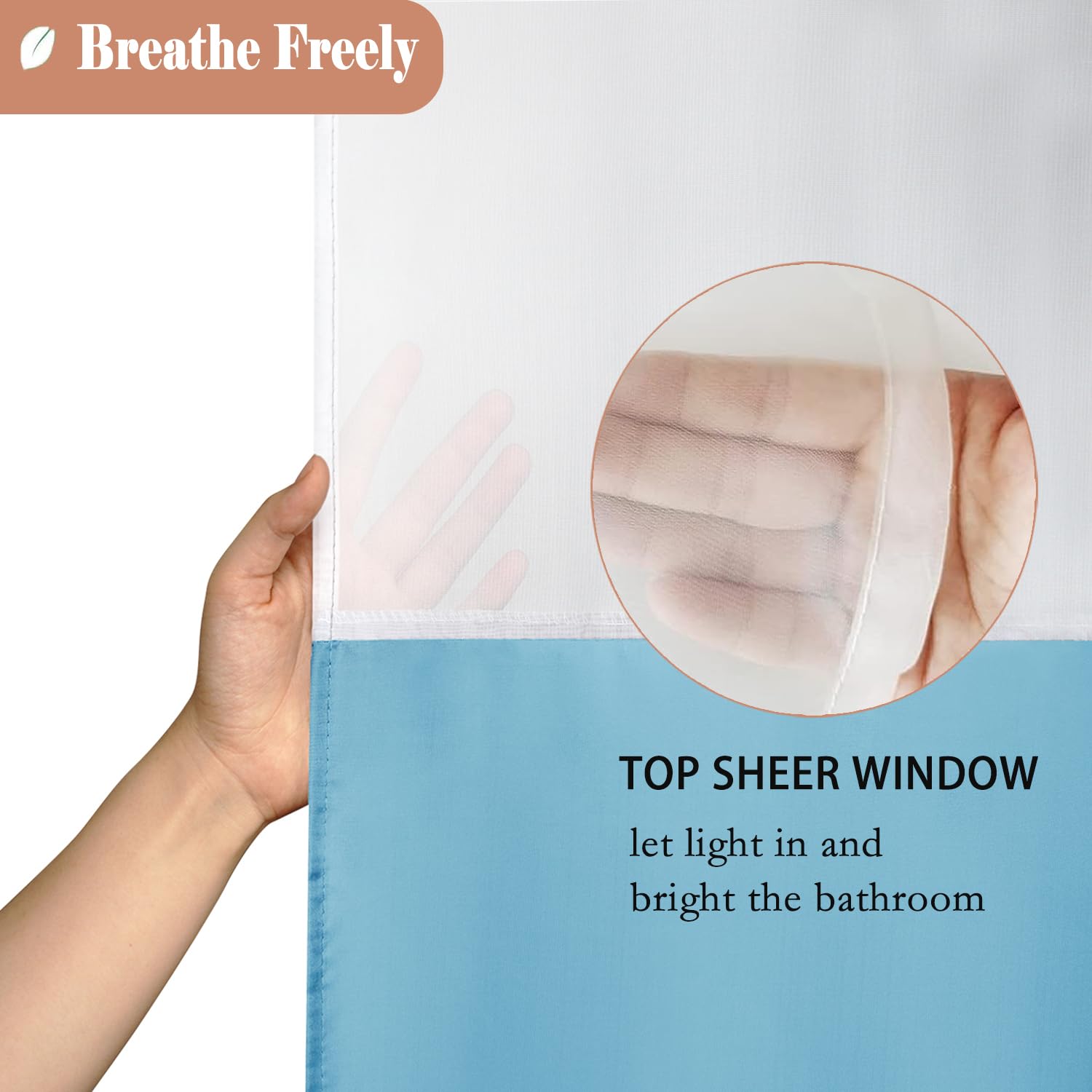 UFRIDAY 36x72 Inch Stall Shower Curtain with Mesh Window Soft Fabric Solid Bathroom Curtain with Hooks  Weighted Hem  Heavy Duty  Water Repellent  Light Blue