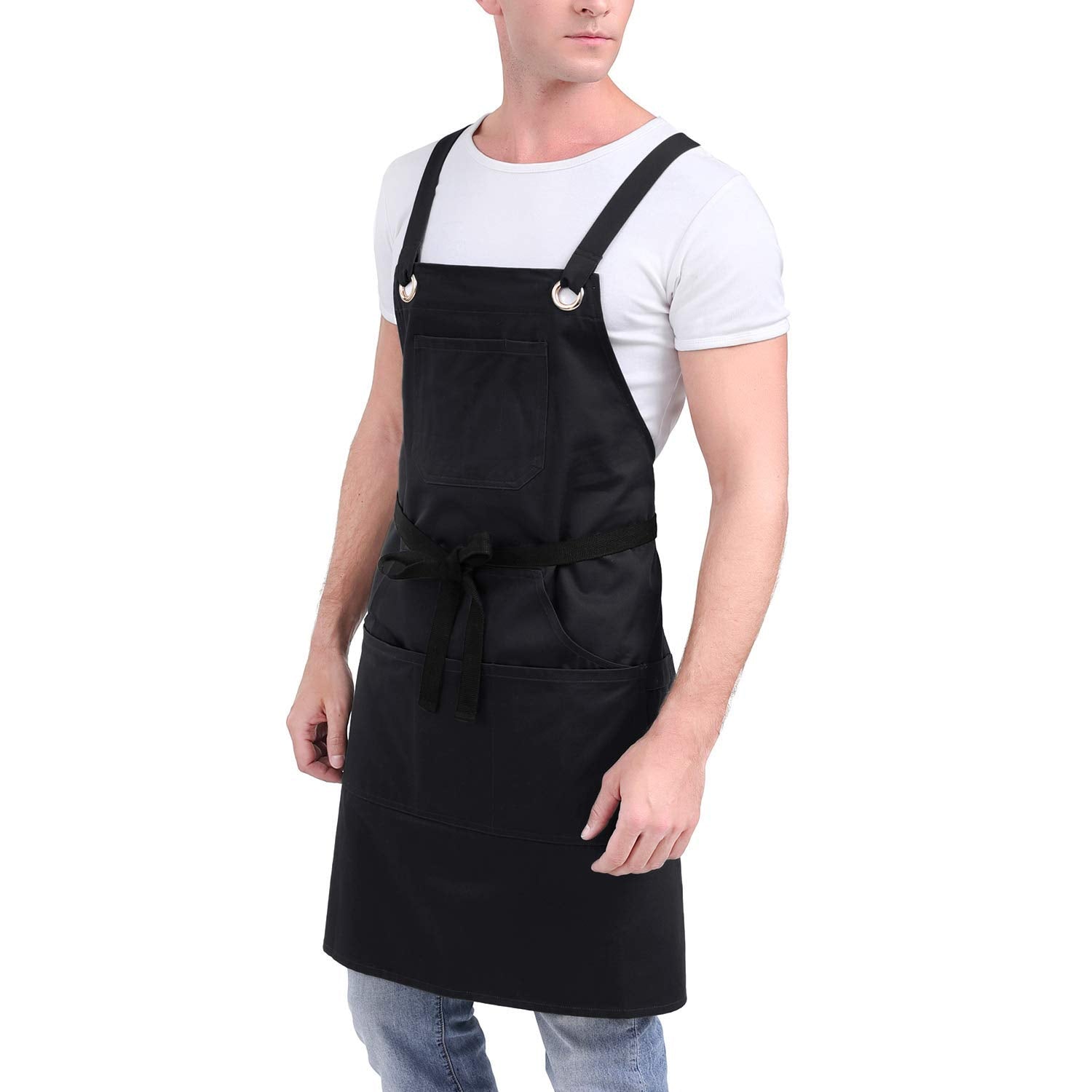 Professional Sturdy Apron, Cross Back + Quick Release Buckle + 6 Pockets (100% Cotton, 27'' X 31'')