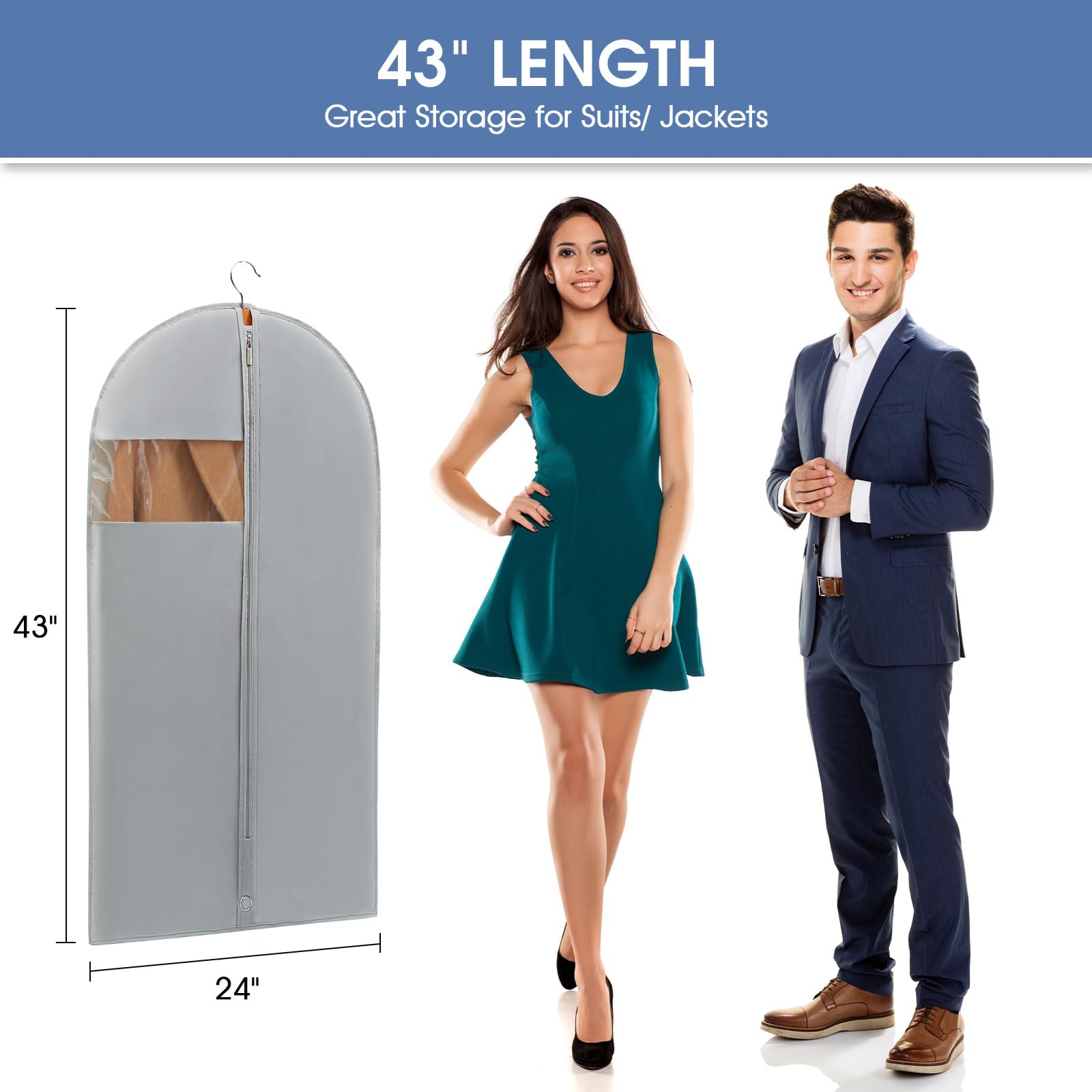 Perber 43'' Garment Bags For Hanging Clothes, Suit Bags For Closet Storage And Travel, Grey Suit Cover Bags With Clear Window Fo
