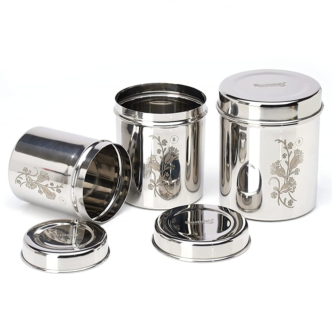 Sumeet Designer Stainless Steel Vertical Canisters/Ubha Dabba/Storage Containers Set Of 3Pc (400Ml,500Ml,750Ml)