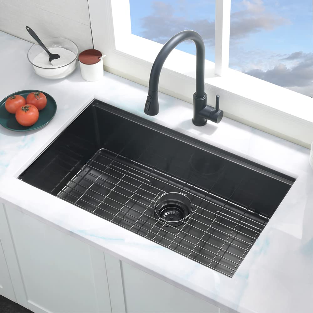 Boomhoze 32 Inch Black Undermount Kitchen Sink, 32X19 Undermount Workstation Kitchen Sink Single Bowl Black 16 Gauge Stainless S