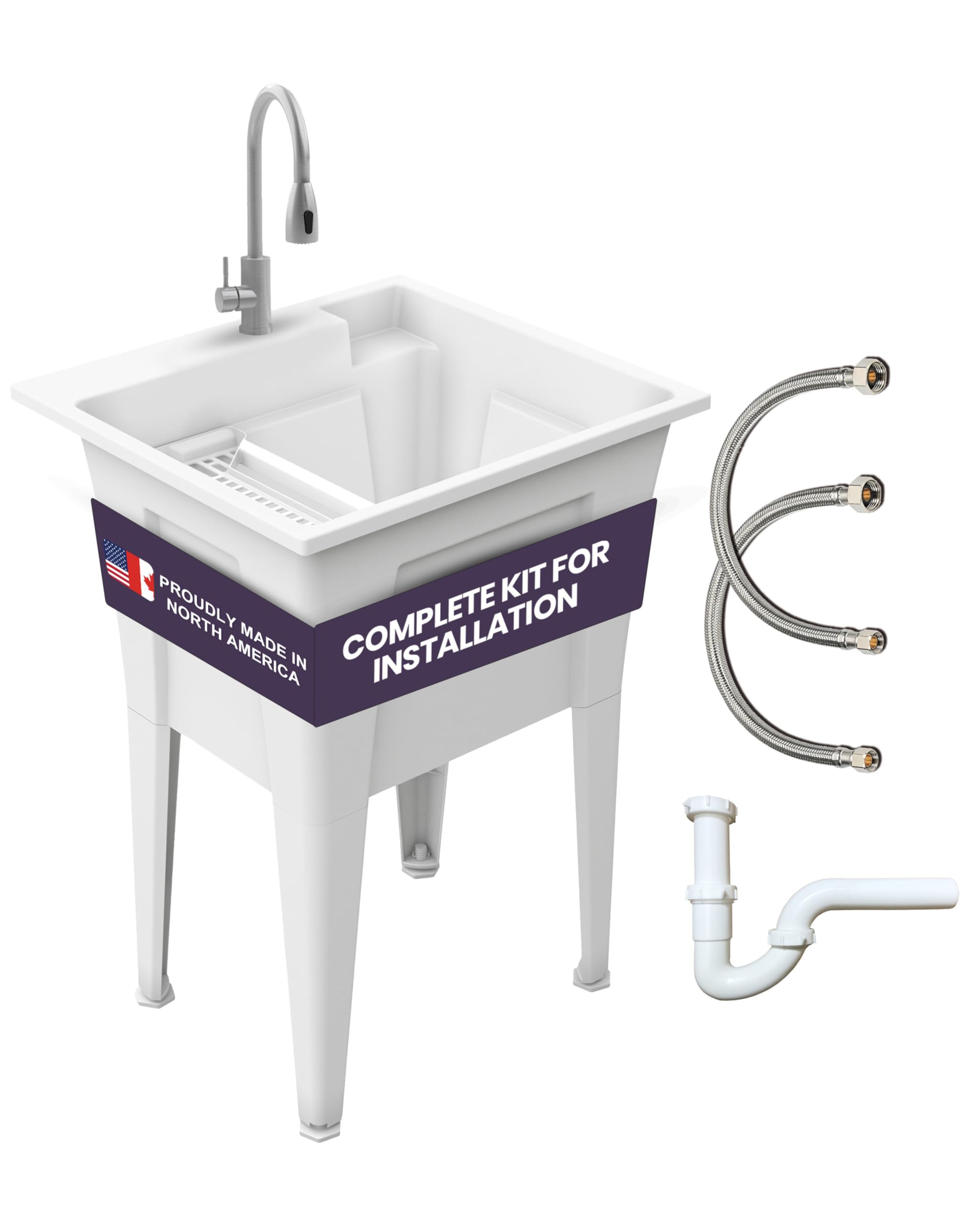Freestanding Utility Sink with Stainless Steel Gooseneck Faucet - 24 Plastic Utility Sink for Garage, Laundry, Indoor and Oudoor