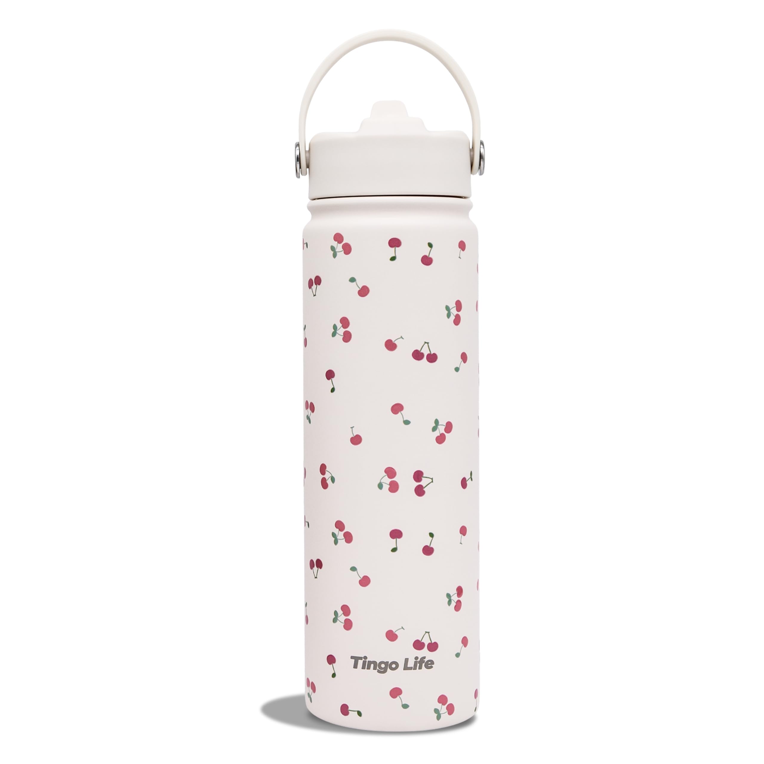 Tingo Life 25oz Stainless Steel Insulated Tumbler with Handle and Straw Lid  Cute Cherry Pattern Cream White Vacuum Water Bottl