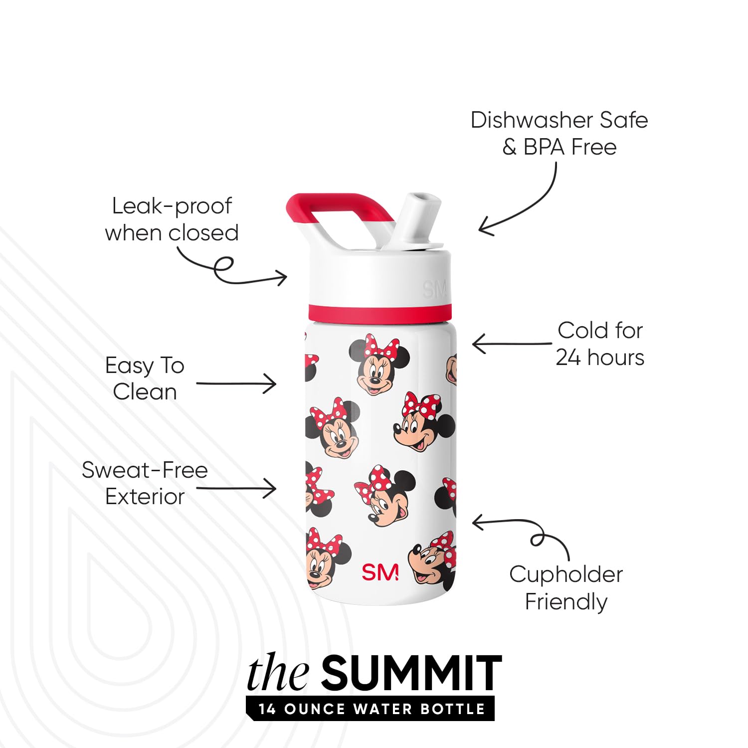 Simple Modern Kids Summit Water Bottle with Straw Lid | Disney Minnie Mouse 14oz Stainless Steel Cup Insulated Tumbler for Girls