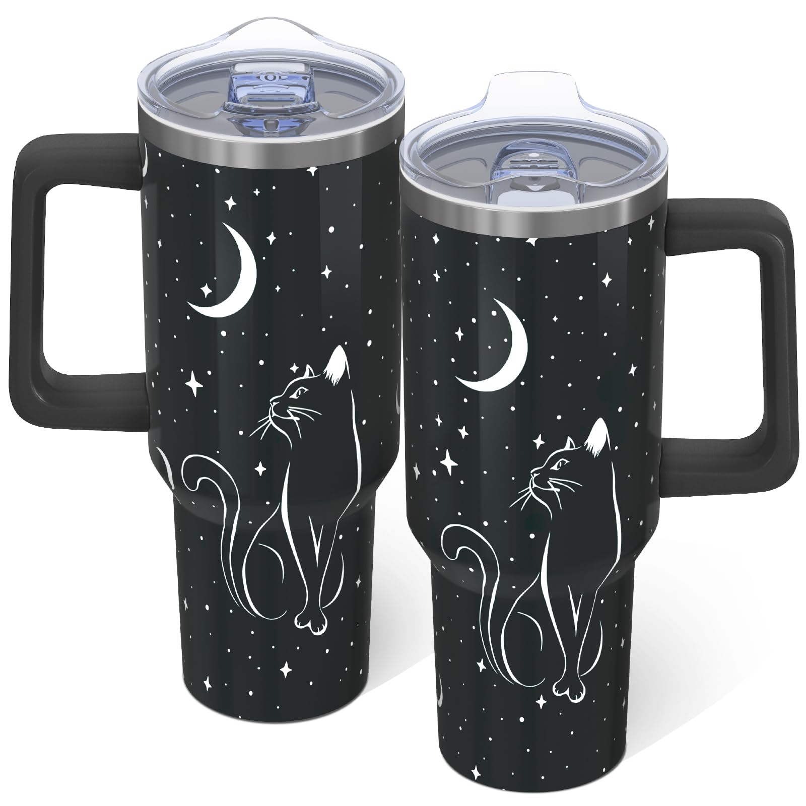 40oz Black Cat Tumbler with Handle Cup, Halloween Goth Cat Gifts for Women