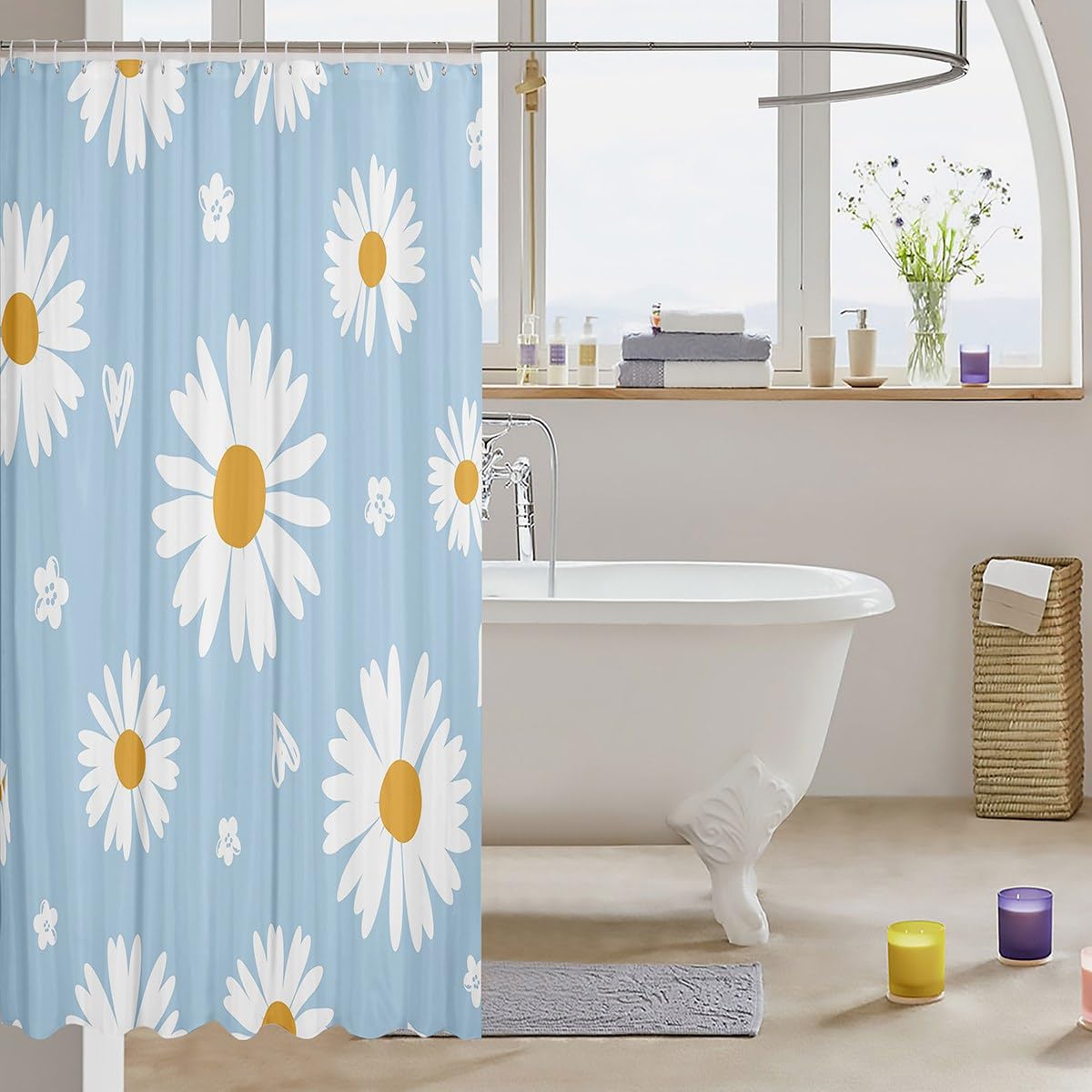 Daisy Shower Curtain White Flower Leaves Bathroom Curtain For Kids Boys Girls Women Bathtub Decor,Botanical Garden Artwork Water