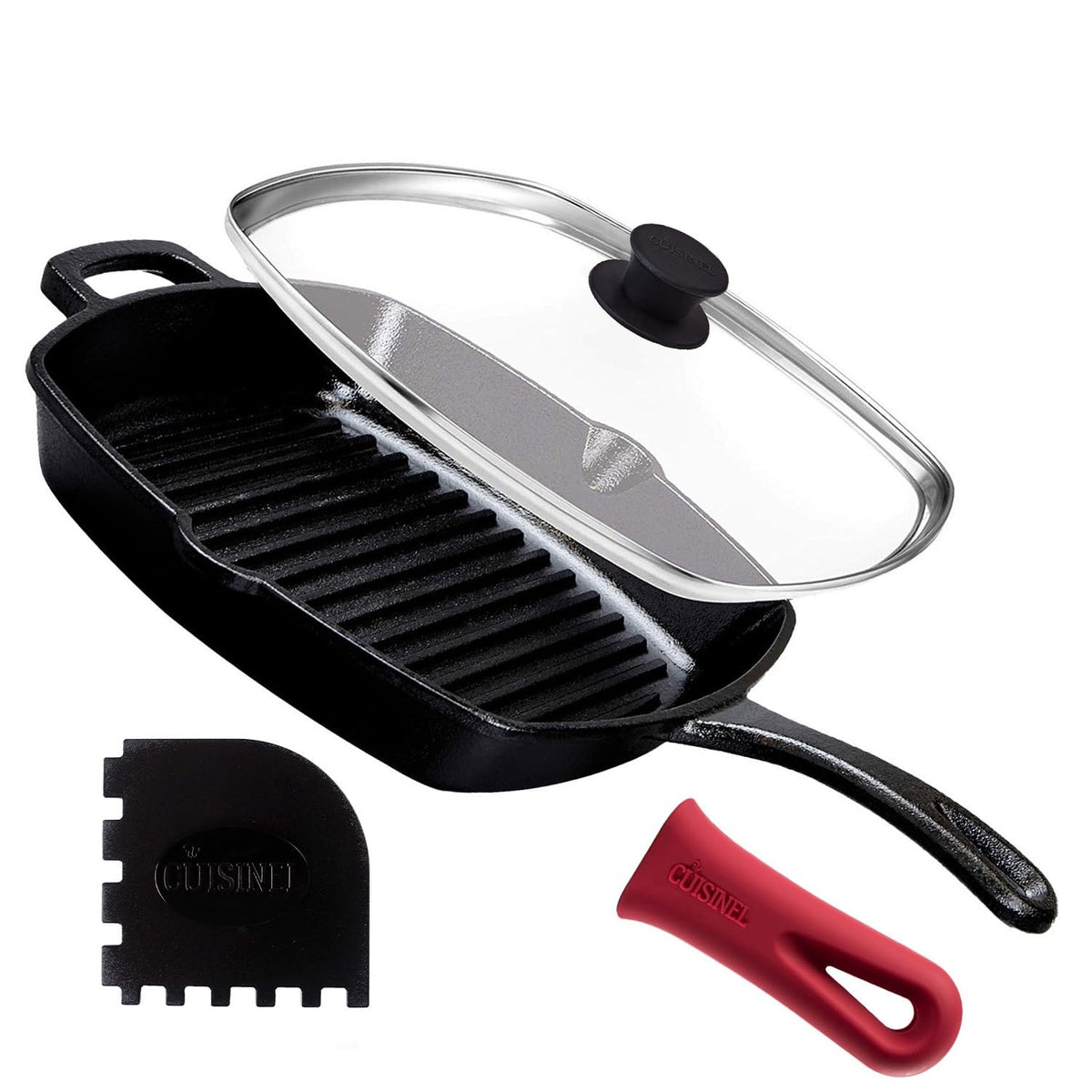 Cuisinel Cast Iron Square Grill Pan + Glass Lid + Pan Scraper + Handle Cover - 10.5'' Pre-Seasoned Ridged Skillet - Grill, Stove