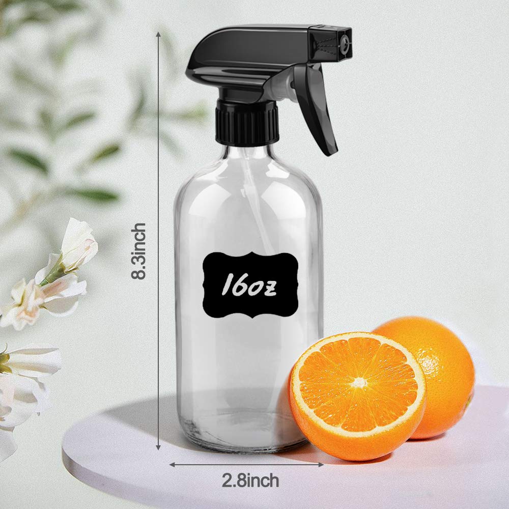 Worldgsb Glass Spray Bottles, 16Oz Refillable Containers, Empty Boston Round Bottles With Labels & Adjustable Nozzle For Cleanin