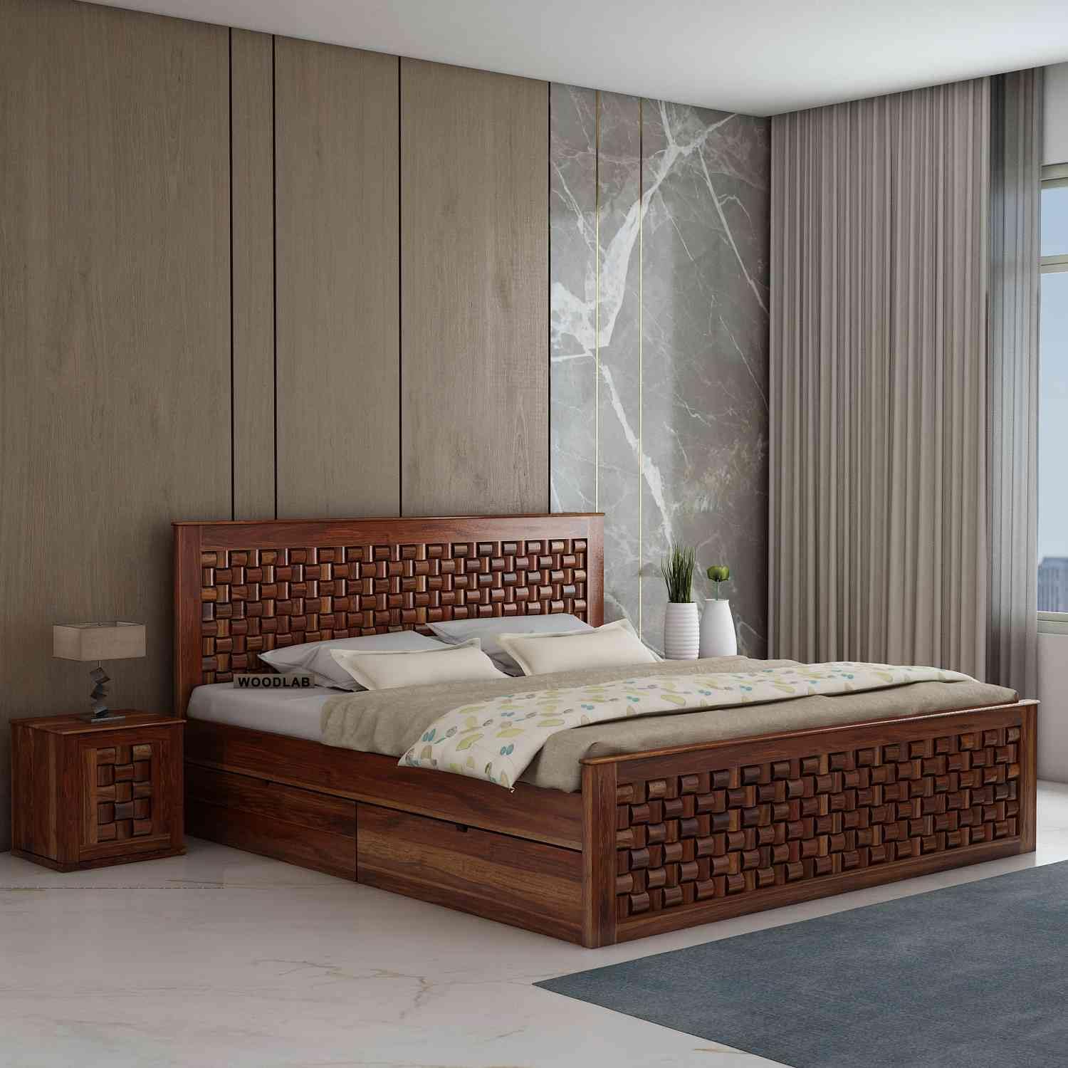 Woodlab Furniture Sheesham Wood Queen Size Bed For Bedroom 4 Drawers Storage Solid Wood Double Beds Living Room Cot Bed Furnitur
